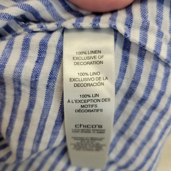 CHICOS Blue White Stripe Linen Blouse Top Size Small - Picture 5 of 5